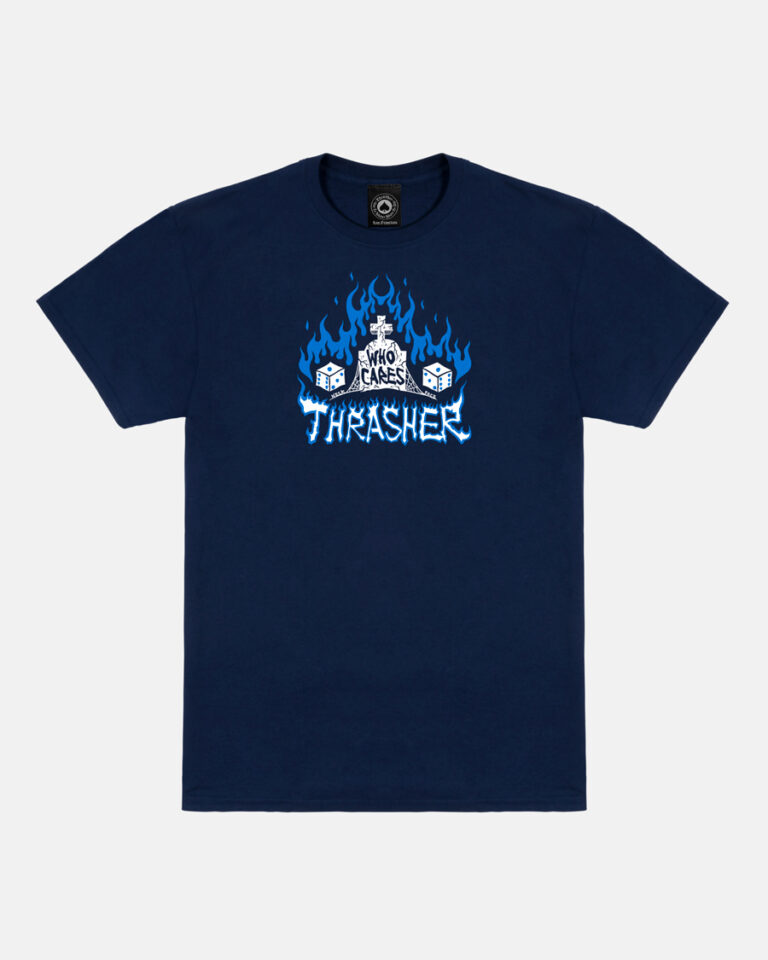 THRASHER WHO CARES BY NECKFACE T-SHIRT NAVY
