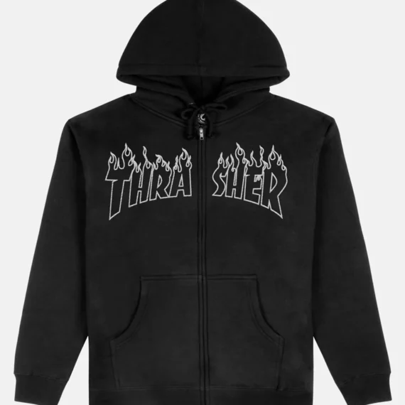 THRASHER FLAME EMB. ZIP HOOD BLACK