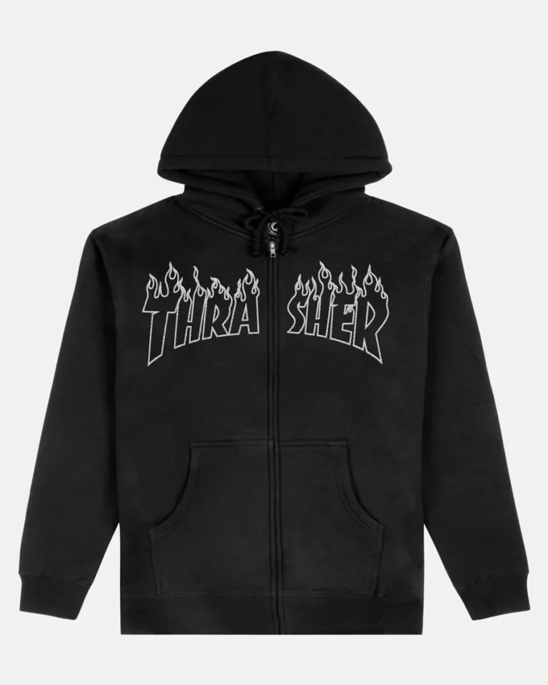 THRASHER FLAME EMB. ZIP HOOD BLACK