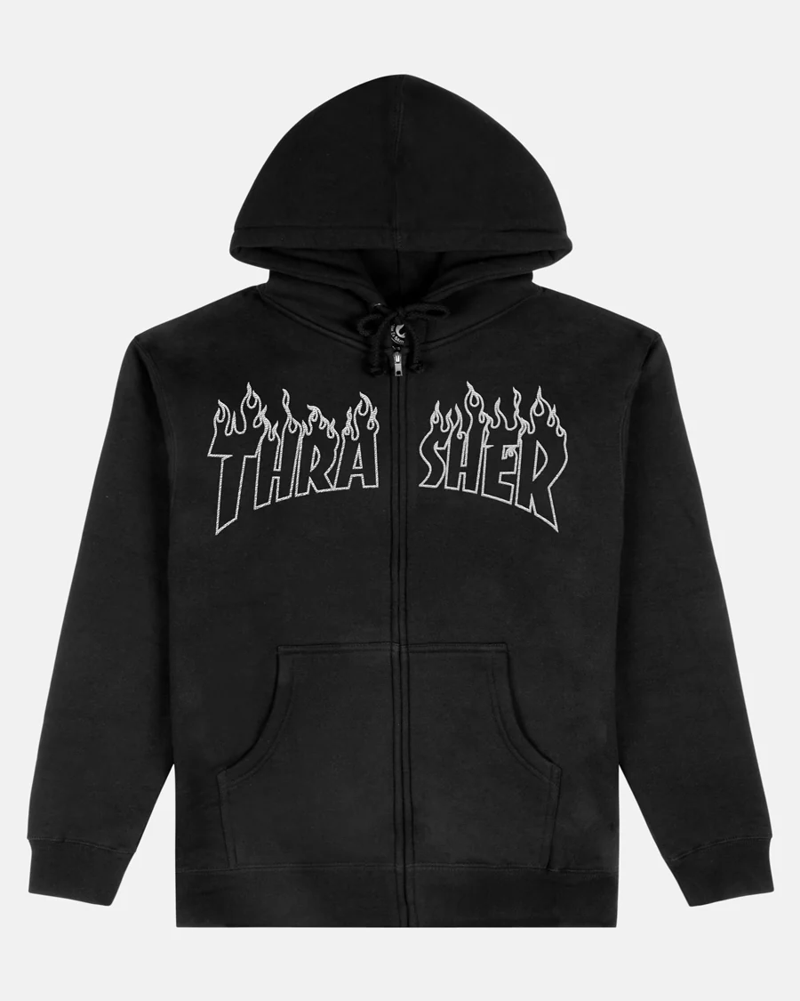 THRASHER FLAME EMB. ZIP HOOD BLACK