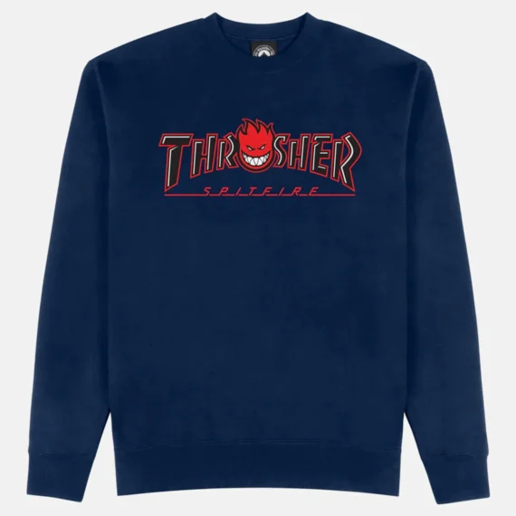 THRASHER X SPITFIRE BIG HEAD OUTLINE CREWNECK NAVY